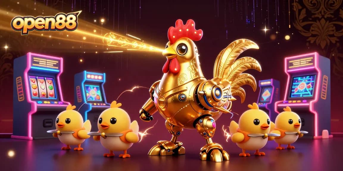 Engage in thrilling gaming action with open88, featuring a golden rooster robot amidst vibrant casino elements.