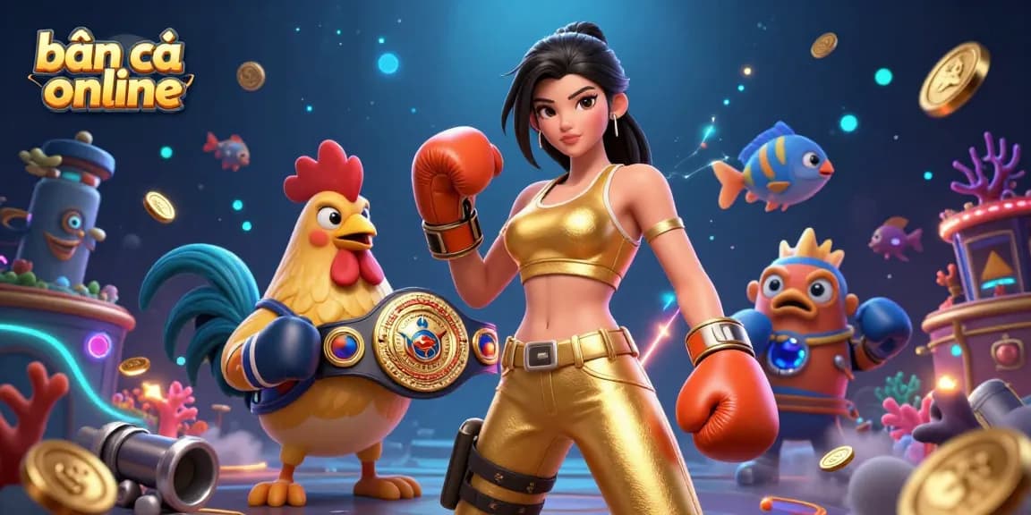 Engaging scene of bắn cá online gameplay with a semi-realistic woman and a championship rooster amidst vibrant underwater elements.