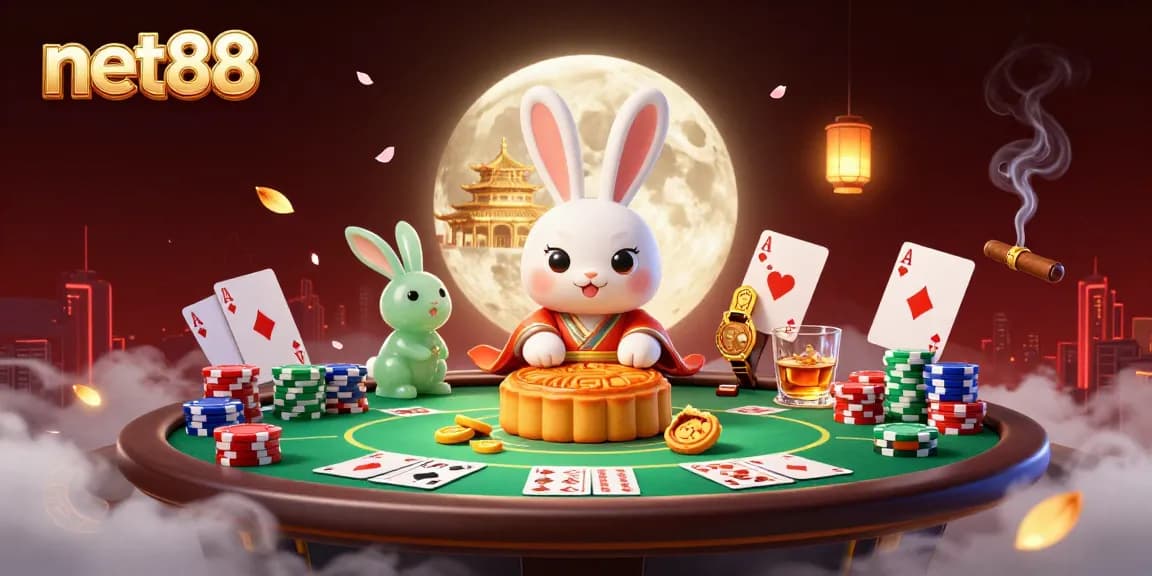 Engage with net88's vibrant 3D casino scene featuring moon rabbits amidst poker elements.