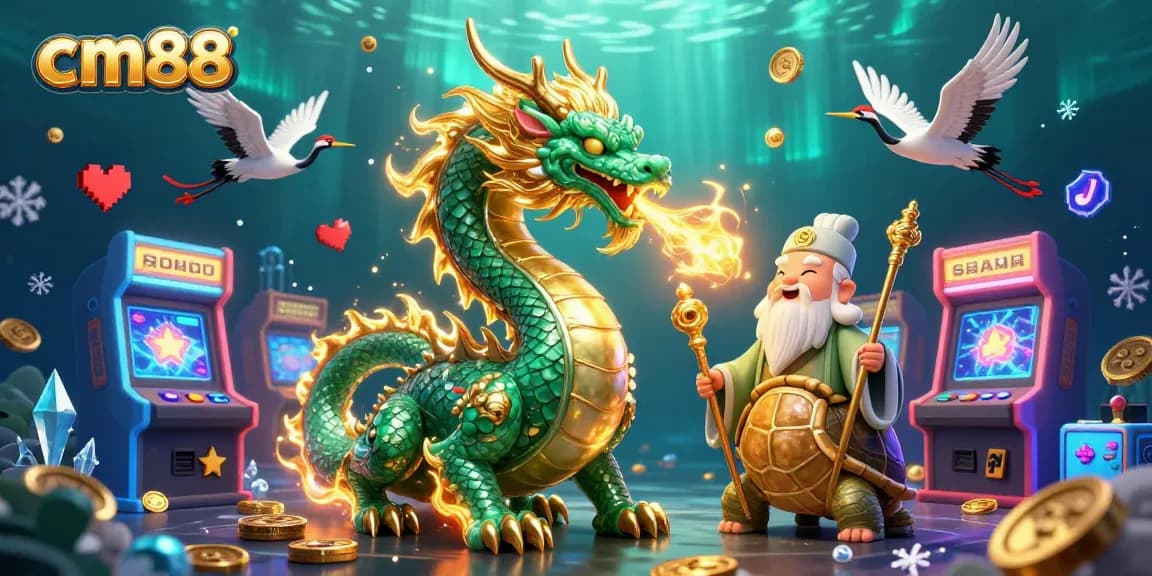 Engage with interactive features of cm88, showcasing a vibrant 3D casino scene filled with dragons and games.