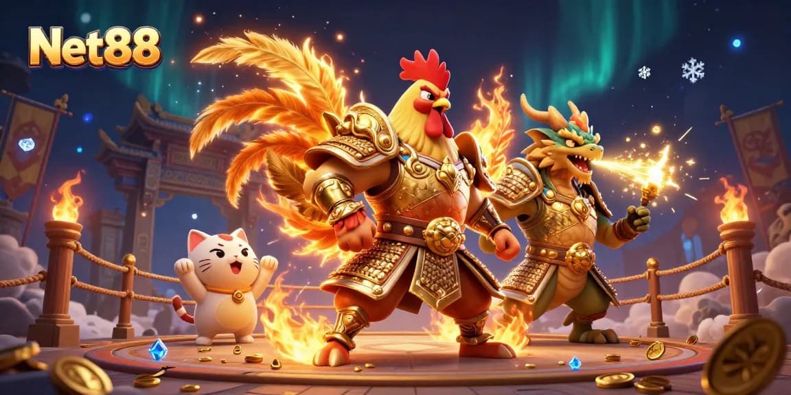 Win big at Net88 with dynamic fighting rooster warriors amidst glowing casino elements.