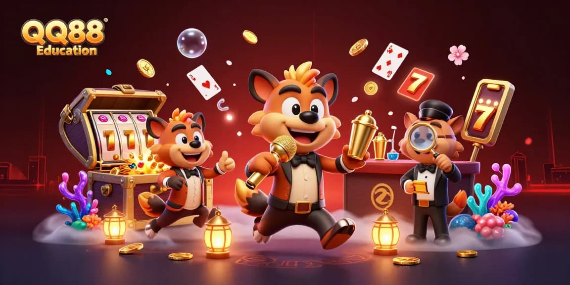 Experience thrill and entertainment at QQ88 Education's dynamic casino with lively characters and exciting gaming elements.