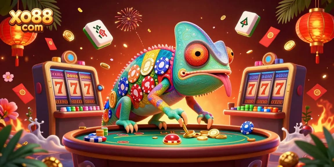 Experience vibrant gaming at xo88 com with a colorful chameleon casino owner amidst slot reels and golden coins.