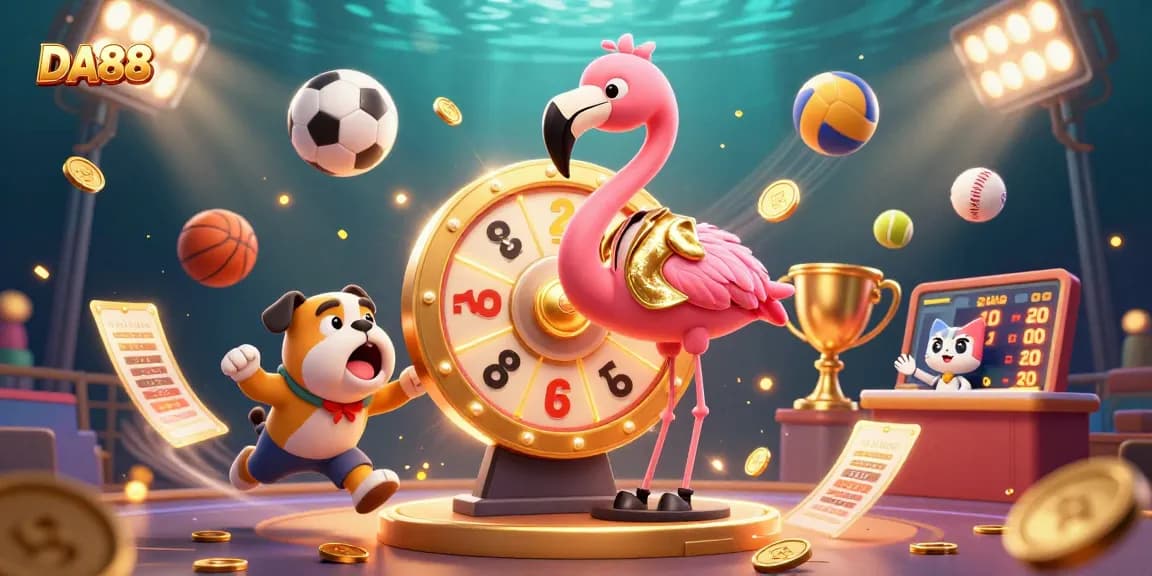 Join the excitement at DA88 with game show host flamingo spinning the prize wheel amidst sports action.