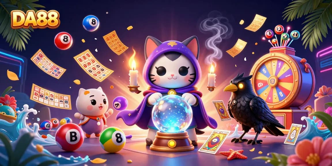 DA88 players experience vibrant lottery excitement with a mystical cat and a raven in a colorful casino atmosphere.