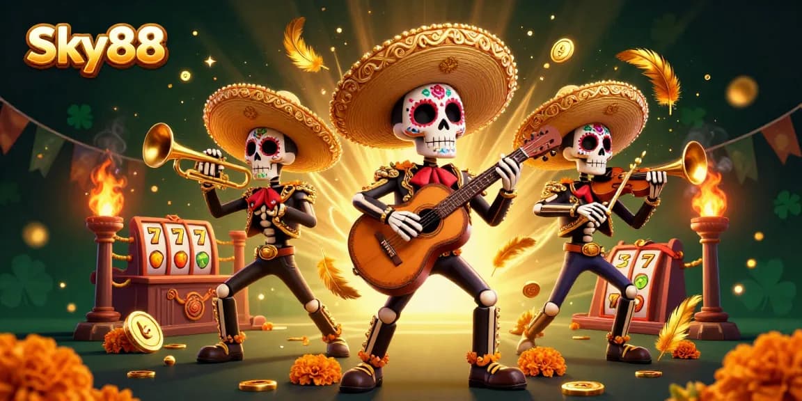 Sky88 offers an exciting gaming experience featuring colorful Day of the Dead mariachi band amidst dynamic slot gaming elements.