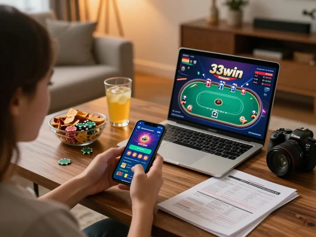 Gaming enthusiast uses the 33win app on their smartphone in a cozy living room setting, showcasing an engaging online casino experience.