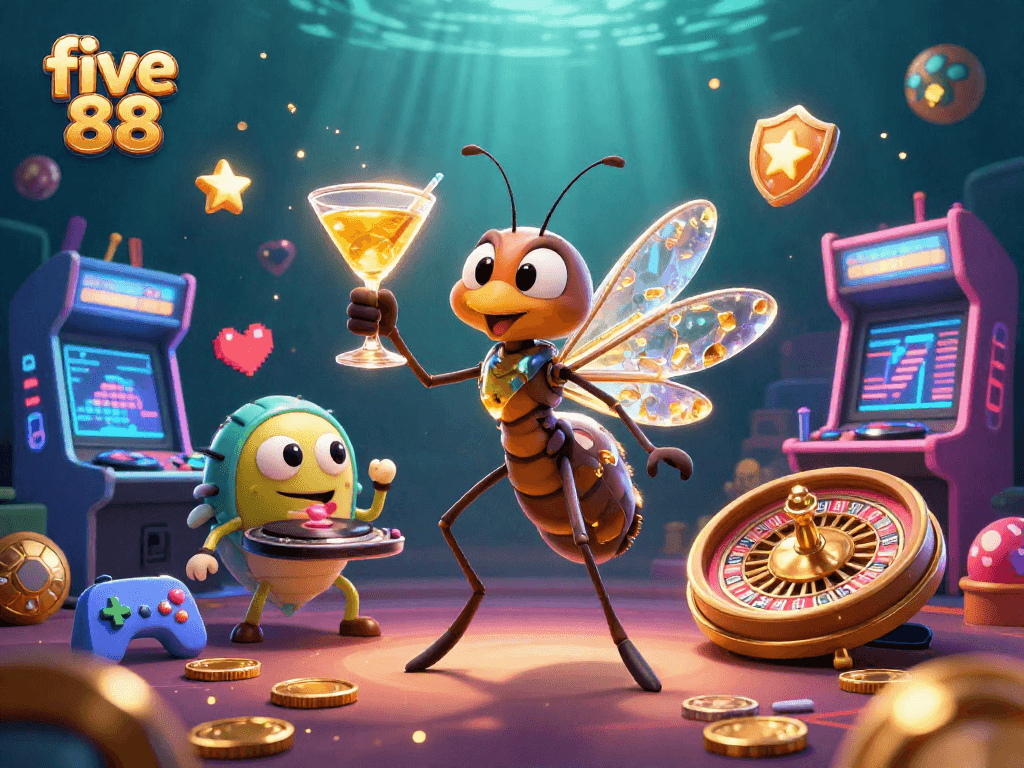 Engage in thrilling gameplay with five 88, featuring an animated casino scene and vibrant game elements.