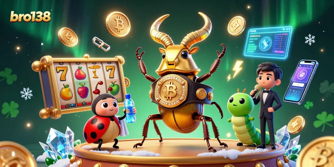 Engage with bro138's exciting slot games featuring vibrant characters and crypto elements in a thrilling casino atmosphere.