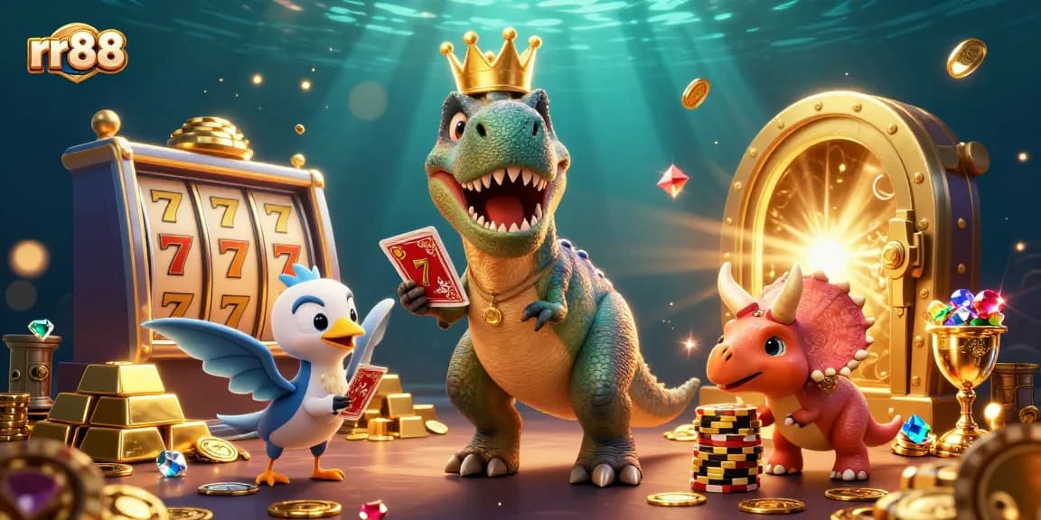 rr88 brings excitement to life as a friendly T-Rex shuffles cards, assisted by a pterodactyl, amidst casino treasures.