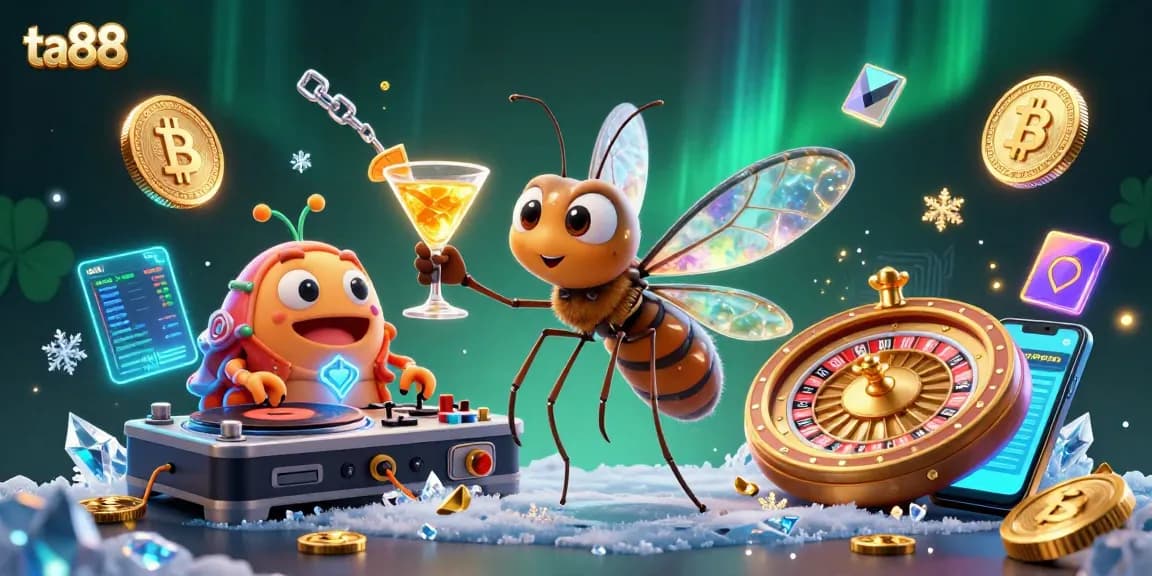 Engage with the ta88 casino scene showcasing a frozen mosquito mascot with crypto elements.