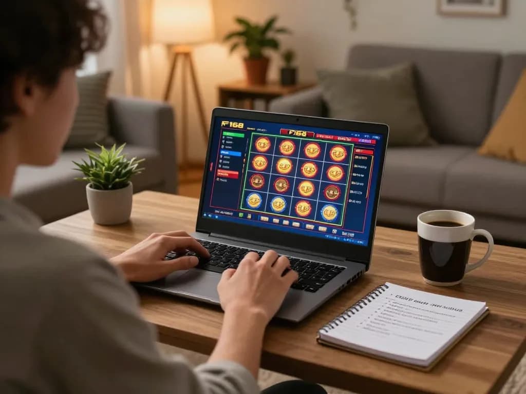 Player using F168 online casino interface on a laptop while strategizing with notes in a cozy setting