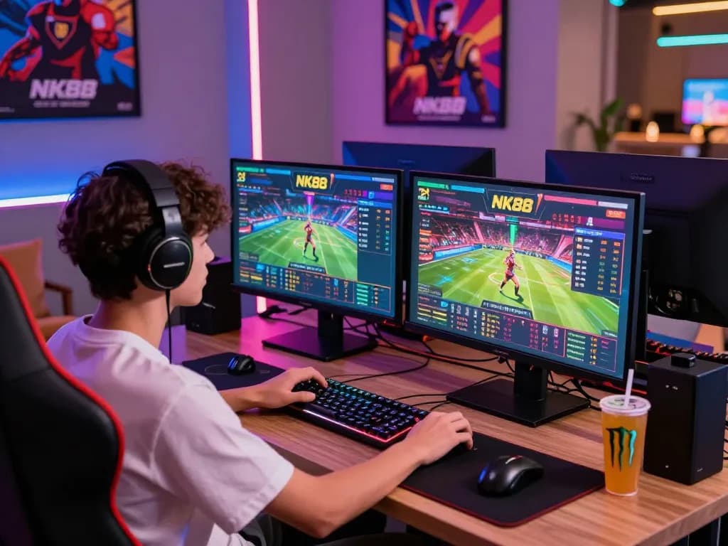 Youthful gamer playing on NK88's vibrant dual-screen setup with live casino and sports betting interface.