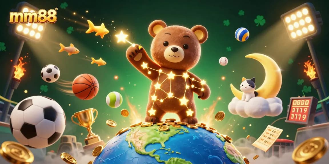 Engage in thrilling gameplay with mm88, featuring a dazzling 3D illustration of a celestial bear, sports symbols, and golden treasures.