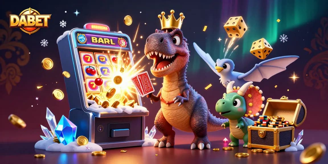 DABET showcases a fun 3D illustration of a T-Rex with cards, a pterodactyl helper, and a baby triceratops in a vibrant casino setting.
