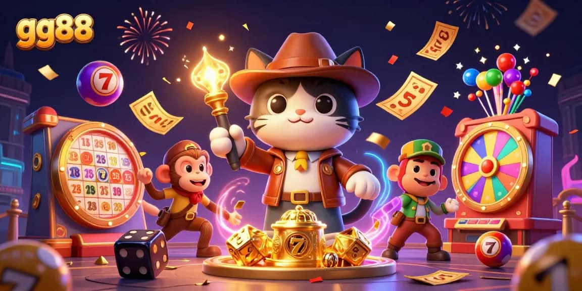 Join the adventure at gg88 with a cartoon explorer cat uncovering casino treasures in vibrant settings.