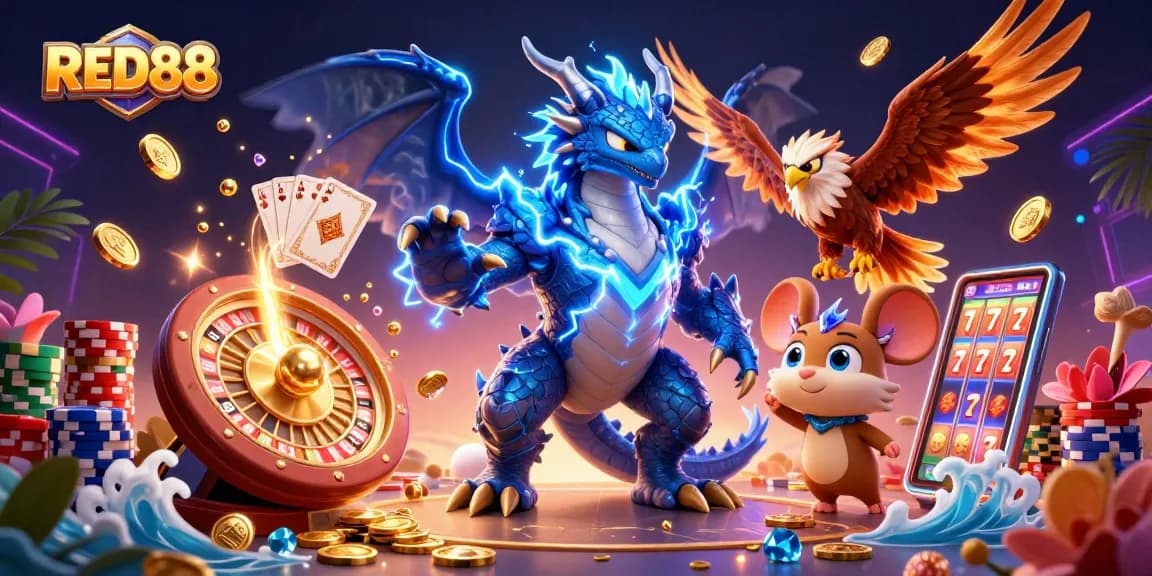 Experience the excitement of RED88, featuring thunderous characters amidst casino elements.