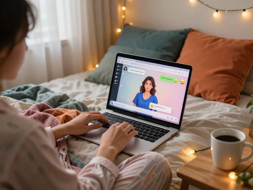 An engaging NSFW AI chat scene with cozy bedroom setup, laptop displaying character interactions, inviting atmosphere.