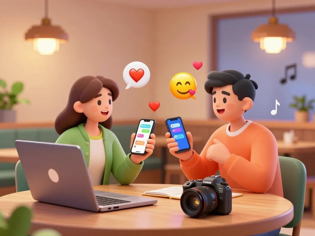 Engaging sex ai chat between animated avatars in a cozy virtual cafe setting.