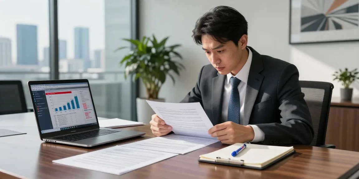Document fraud detection analysis in a modern office, showcasing a forensic accountant examining documents.