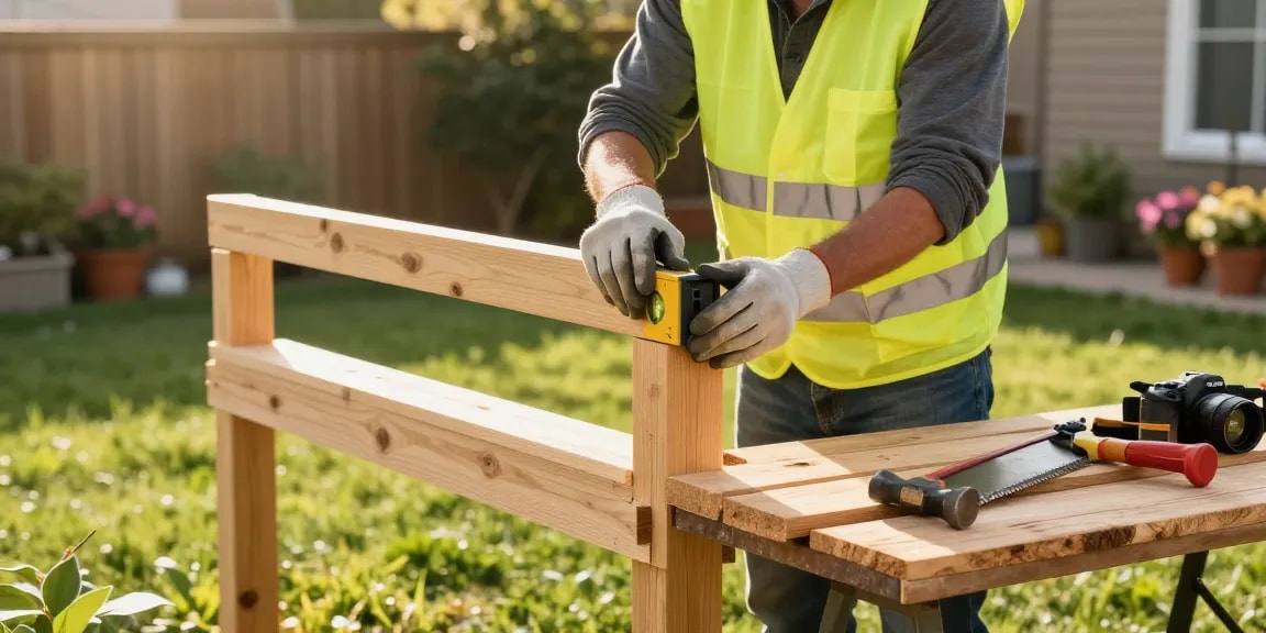 We fix fences and build fences with a skilled tradesman measuring wooden posts in a sunny backyard.
