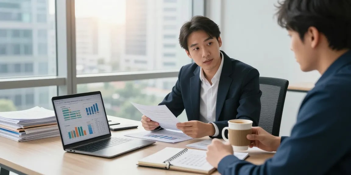 Consultant discussing merchant cash advance options with a small business owner in a modern office.