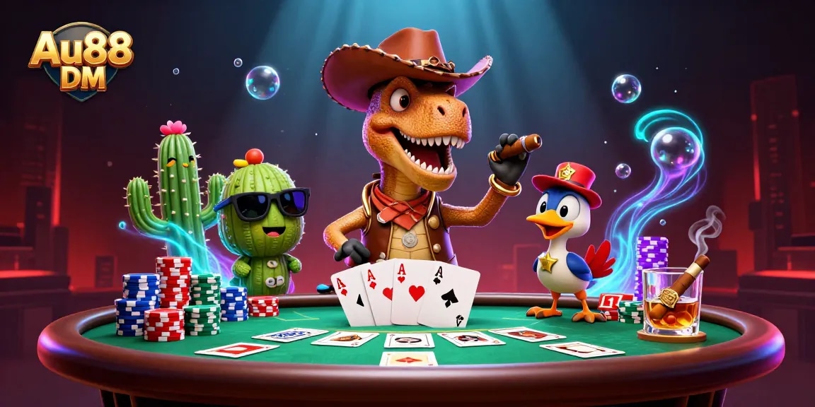 Experience thrilling poker action with Au88 DM in this vibrant casino illustration, featuring whimsical characters.