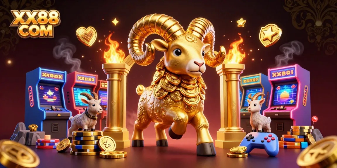 Experience the excitement of gambling at XX88 COM with vibrant 3D casino elements showcasing golden ram and game machines.