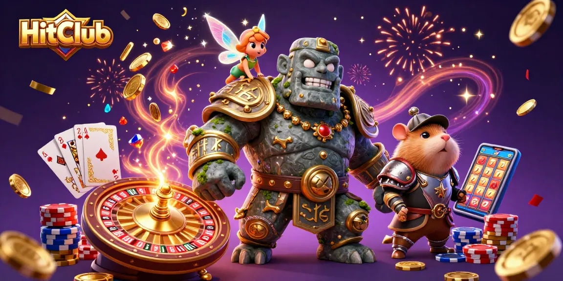 Experience thrilling gameplay at HitClub with golden coins, vibrant casino elements, and magical characters.