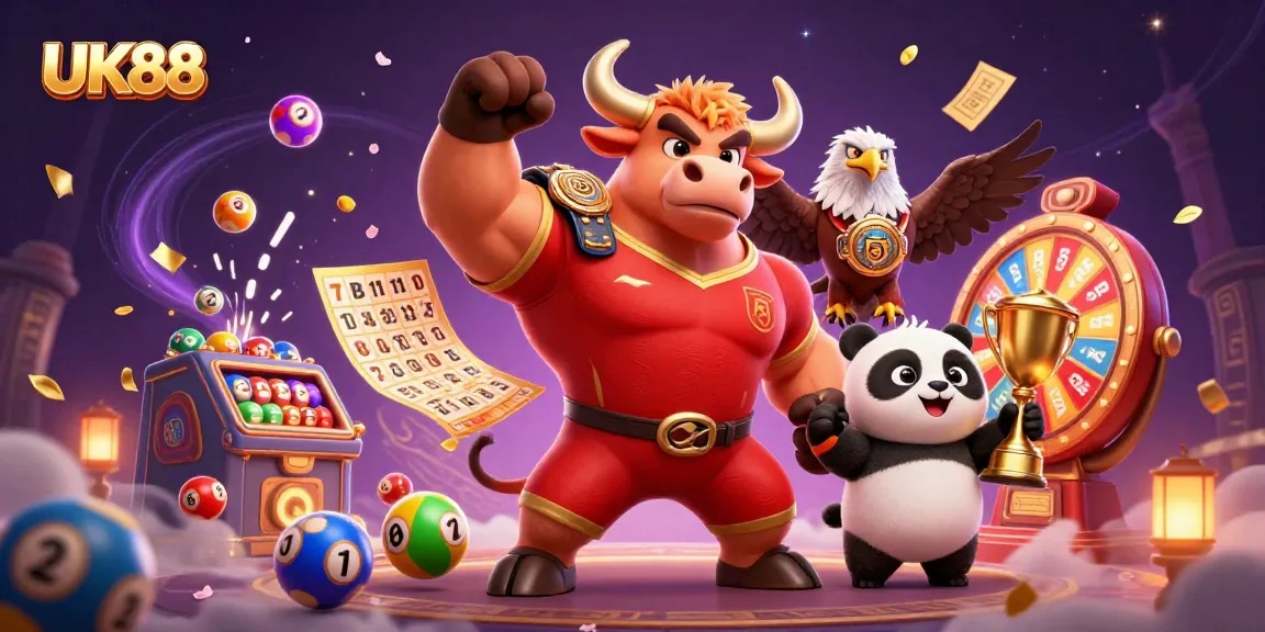 Experience thrilling wins at UK88 with vibrant lottery balls, dynamic characters, and a festive atmosphere.
