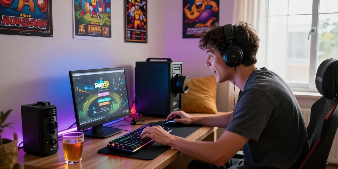 Super59 login di layar laptop pemain dengan suasana gaming nyaman di ruang tamu