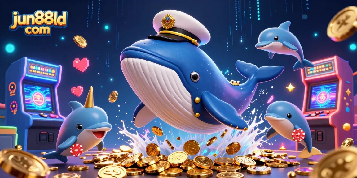 Engage in winning slots at jun88ld com with 3D whale and gold coins in a vibrant casino scene.