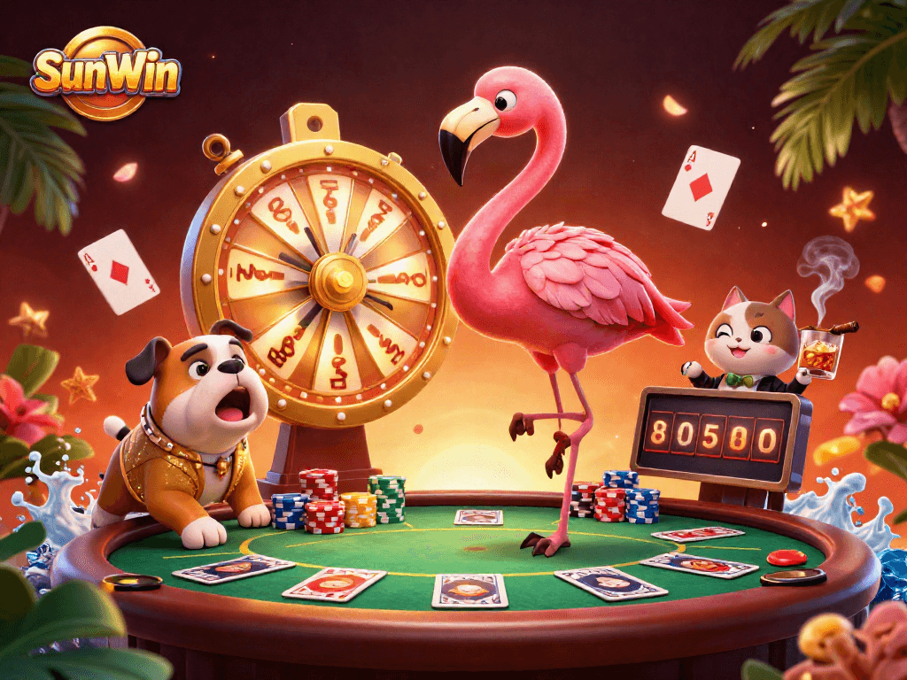 Engage with SunWin's thrilling gameplay, showcasing a cheerful flamingo host, a bulldog contestant, and inventive casino elements.