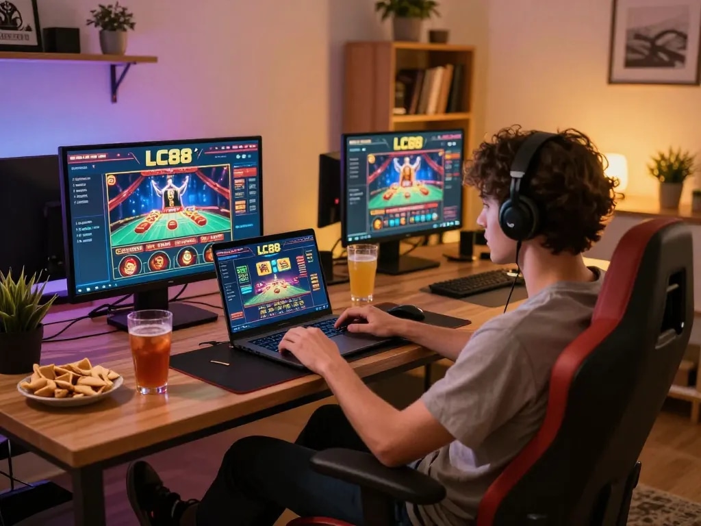 Experience exciting gameplay using the LC88 link at home with a cozy setup for online gambling.