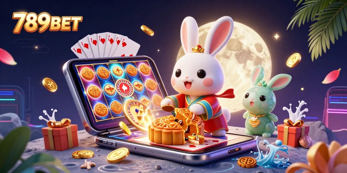 Spin to win with 789BET in this vibrant 3D moon rabbit casino-themed illustration featuring poker chips and slot games.