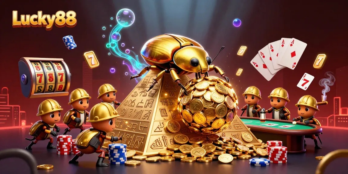 Experience the excitement of Lucky88 with golden coins and engaging casino symbols in a vibrant 3D scene.