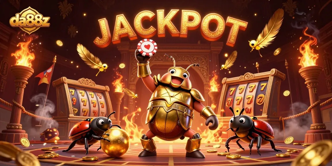 da88z showcases a victorious beetle lifting a poker chip with jackpot elements in an exciting casino scene
