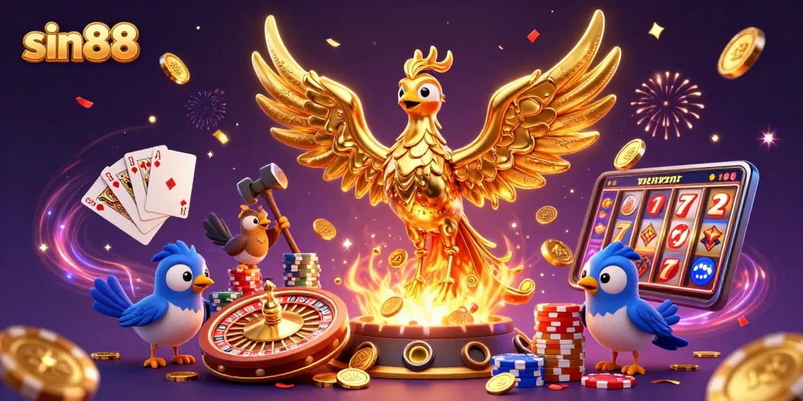 Experience sin88's thrilling gaming environment with golden phoenix, coins, and vibrant casino elements.