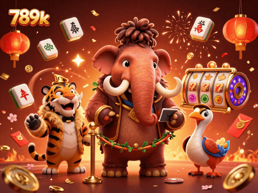 Engage with the vibrant 789k casino scene featuring a woolly mammoth bouncer, saber-tooth VIP, and festive décor.