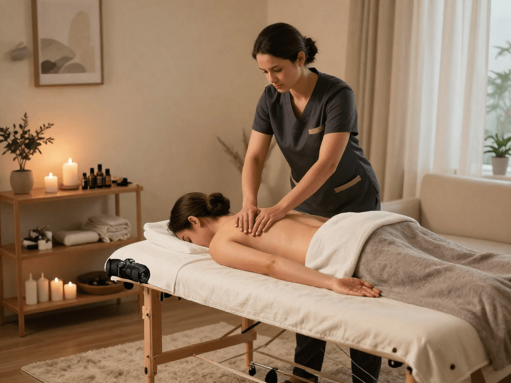 서울출장마사지 service in a cozy living room with calming decor and a professional therapist.