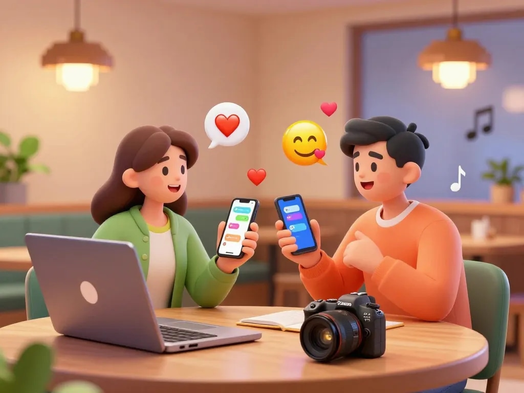 Engaging sex ai chat between animated avatars in a cozy virtual cafe setting.