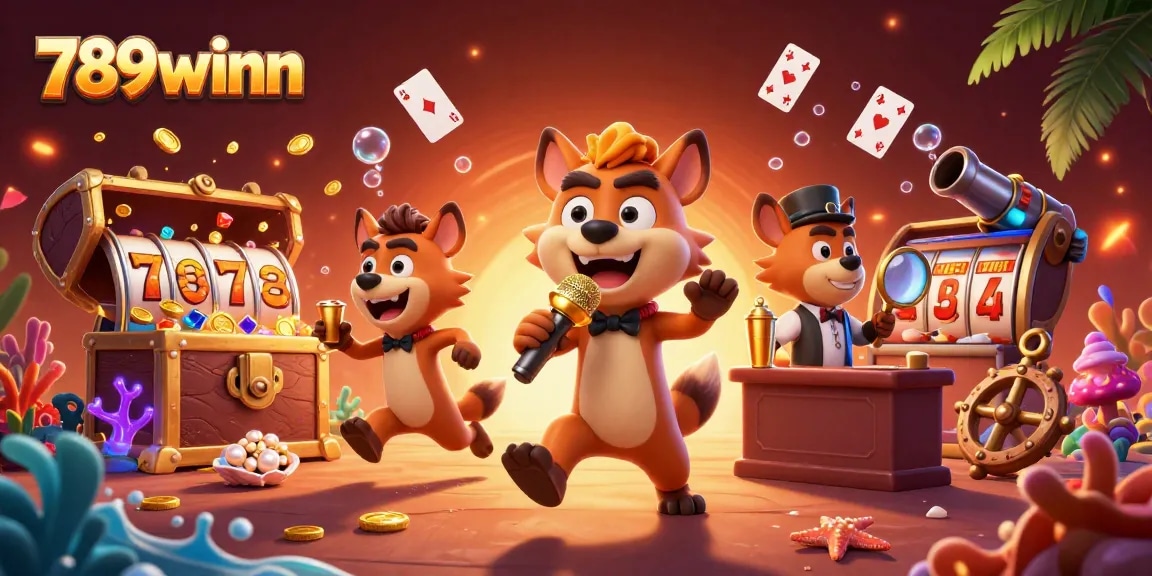 Experience vibrant fun at 789winn with animated hyenas enjoying slots and cocktails in a lively casino.