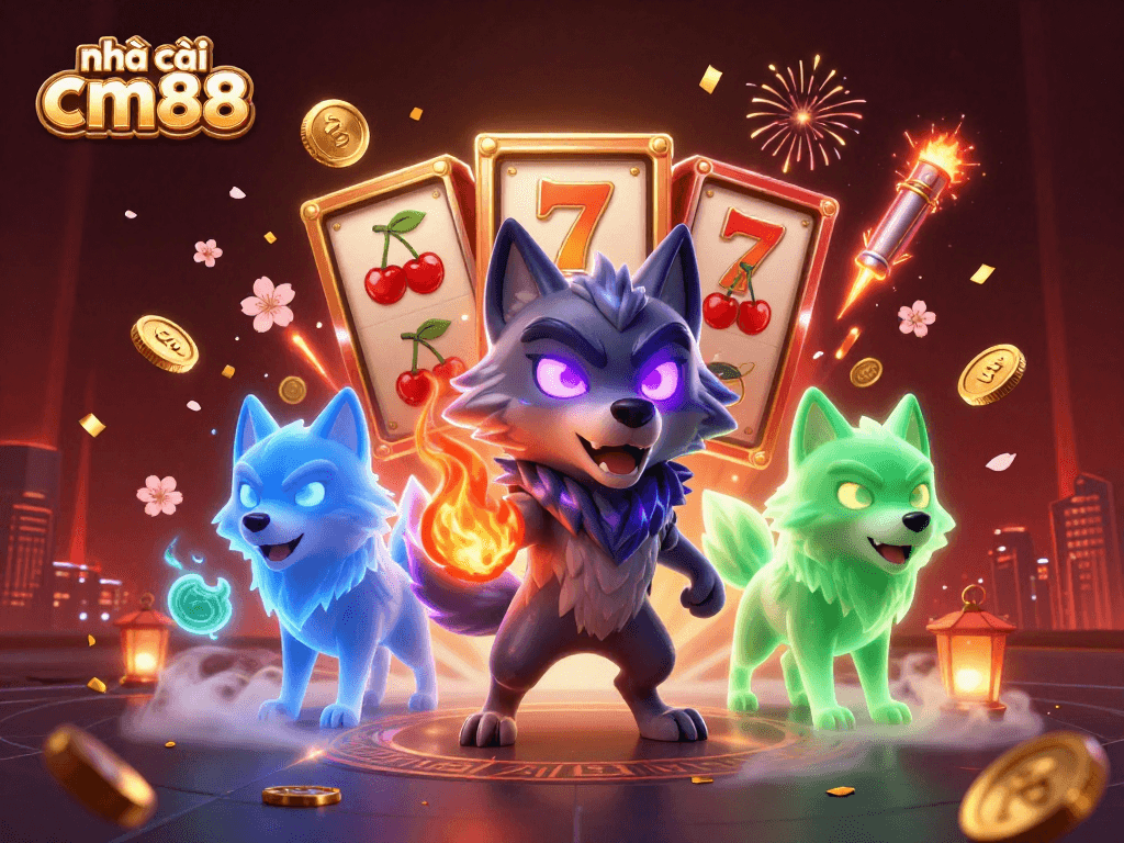 Engage with the exciting features of nhà cái cm88 as glowing wolves explore vibrant slot elements.