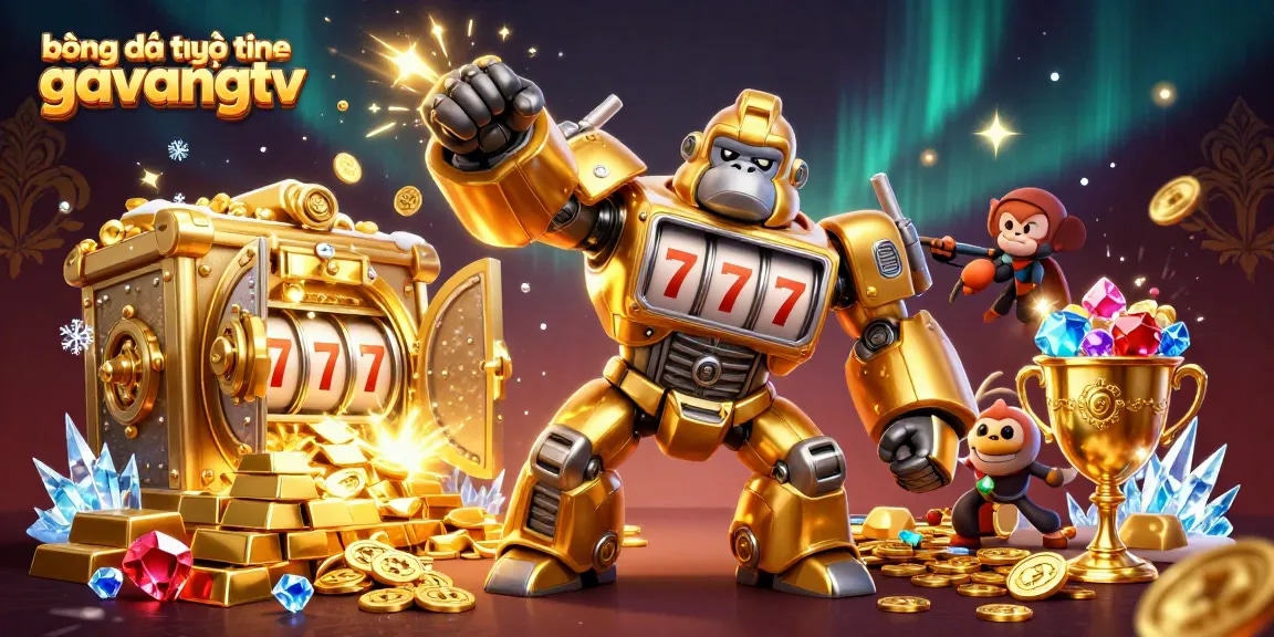 bóng đá trực tuyến gavangtv showcases vibrant 3D casino scene with mech and treasures, perfect for players.