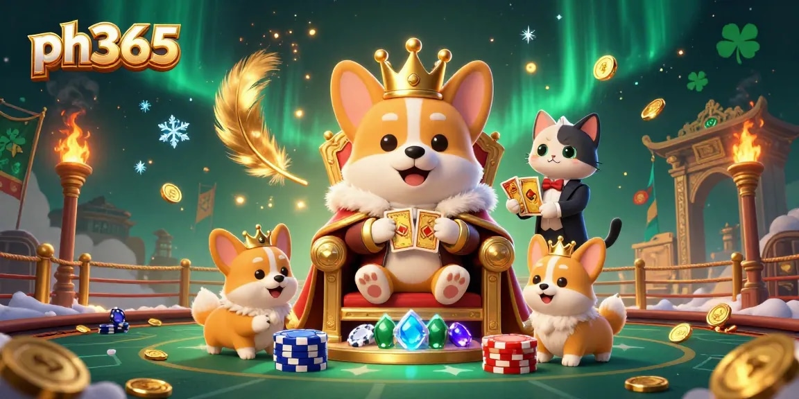 Engage with the world of ph365 through a vibrant illustration depicting a royal corgi and a cat butler amidst casino riches.