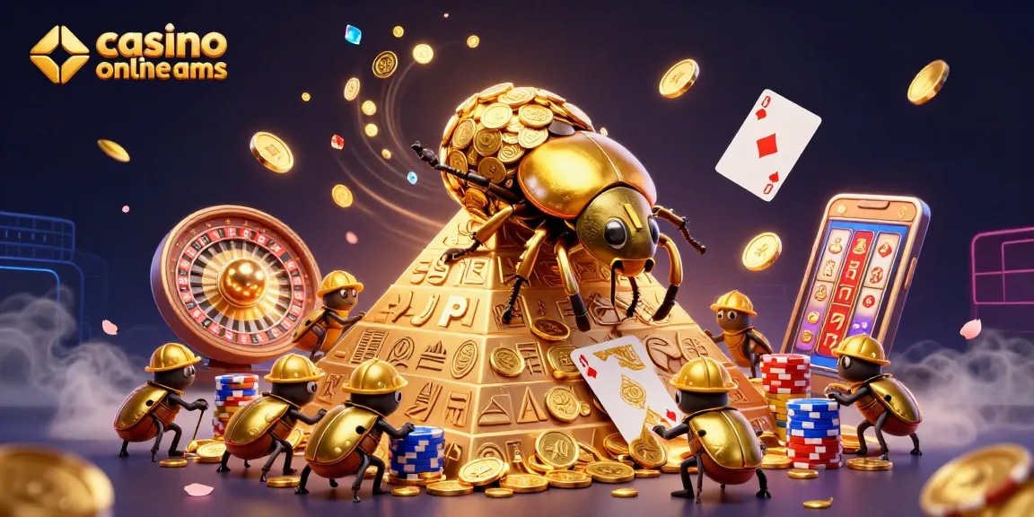 Experience casino online non aams with animated golden beetles rolling coins and vivid casino elements.