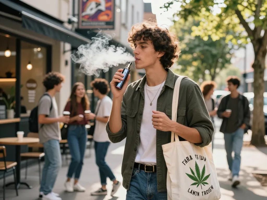 Acquistare puff THC in una vivace scena di vita urbana con una persona alla moda che si gode una penna vape THC.
