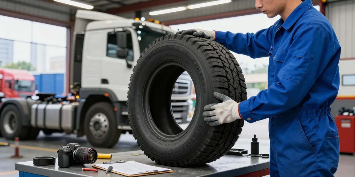 Mechanic inspecting a Double Coin RR99 tire in a busy garage environment with tools and specifications visible