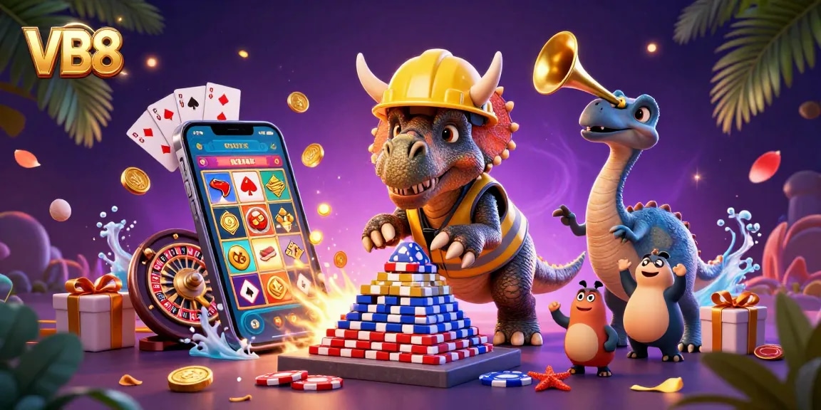 Experience the excitement of VB8 with a vibrant scene of casino fun featuring a triceratops and gambling elements.