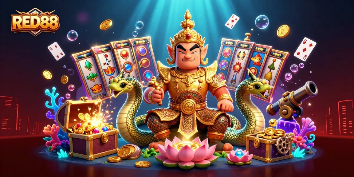 Experience the thrill of winning at RED88 with vibrant slots and treasures in a dynamic casino scene.